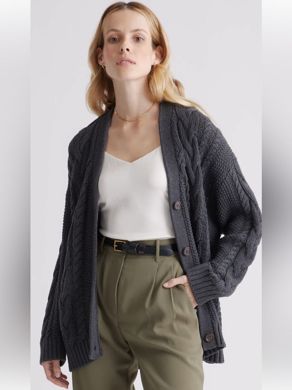 Quince 100% Organic Cotton Oversized Cable Knit Cardigan Sweater M Charcoal Gray